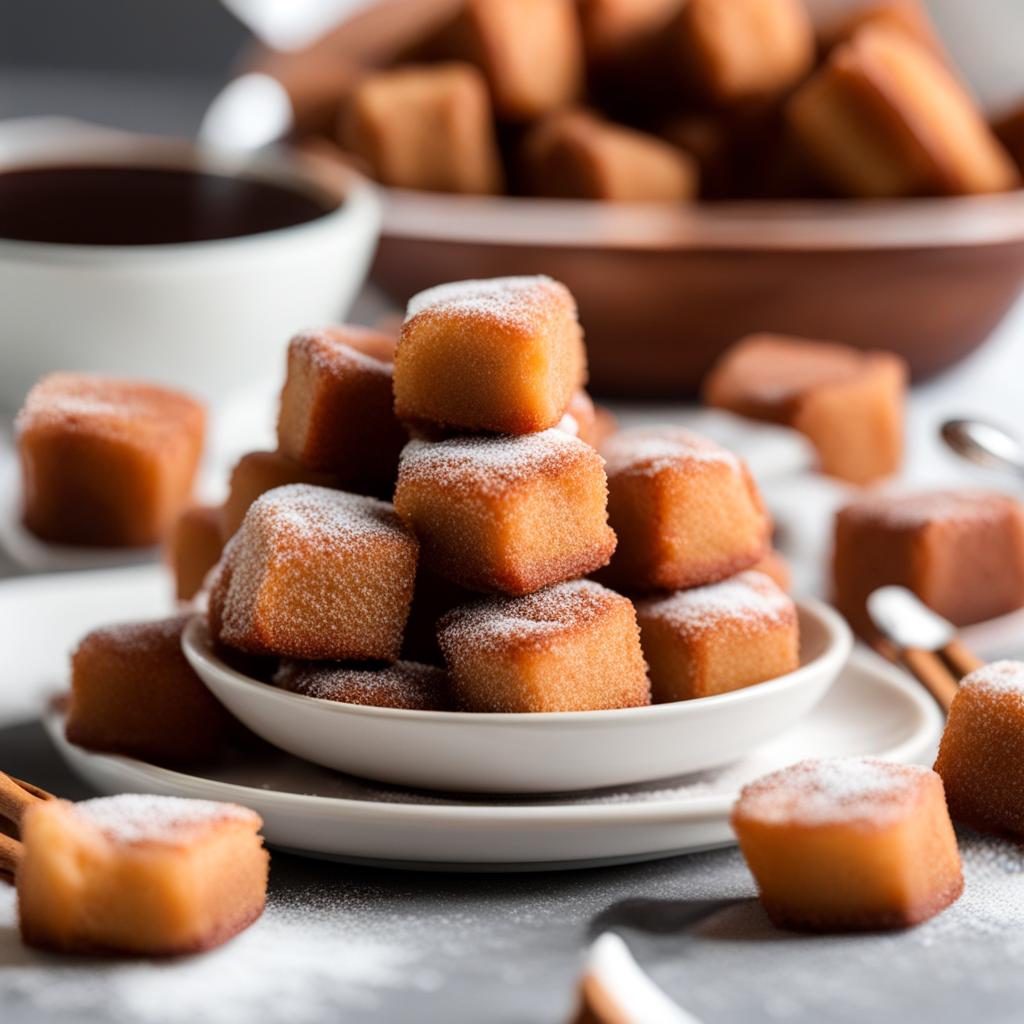 plate of warm, gooey cinnamon sugar churro bites, perfect for dipping in chocolate sauce. 