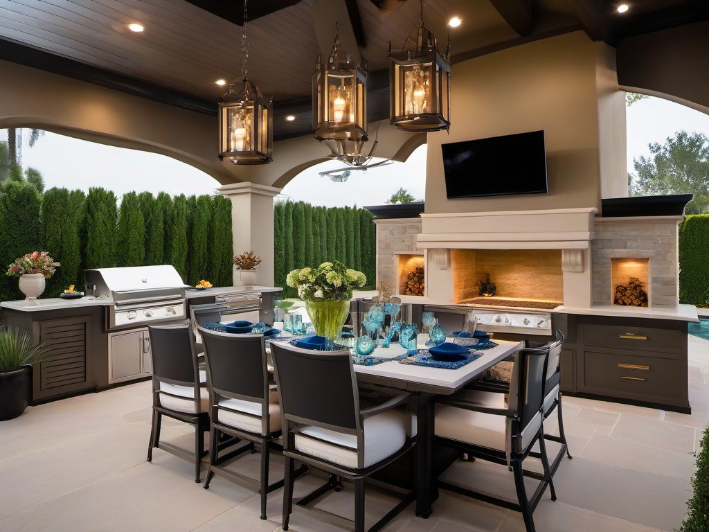 Hollywood Regency outdoor kitchen showcases plush seating, decorative accents, and elegant fixtures, creating an upscale yet comfortable environment for alfresco dining.  