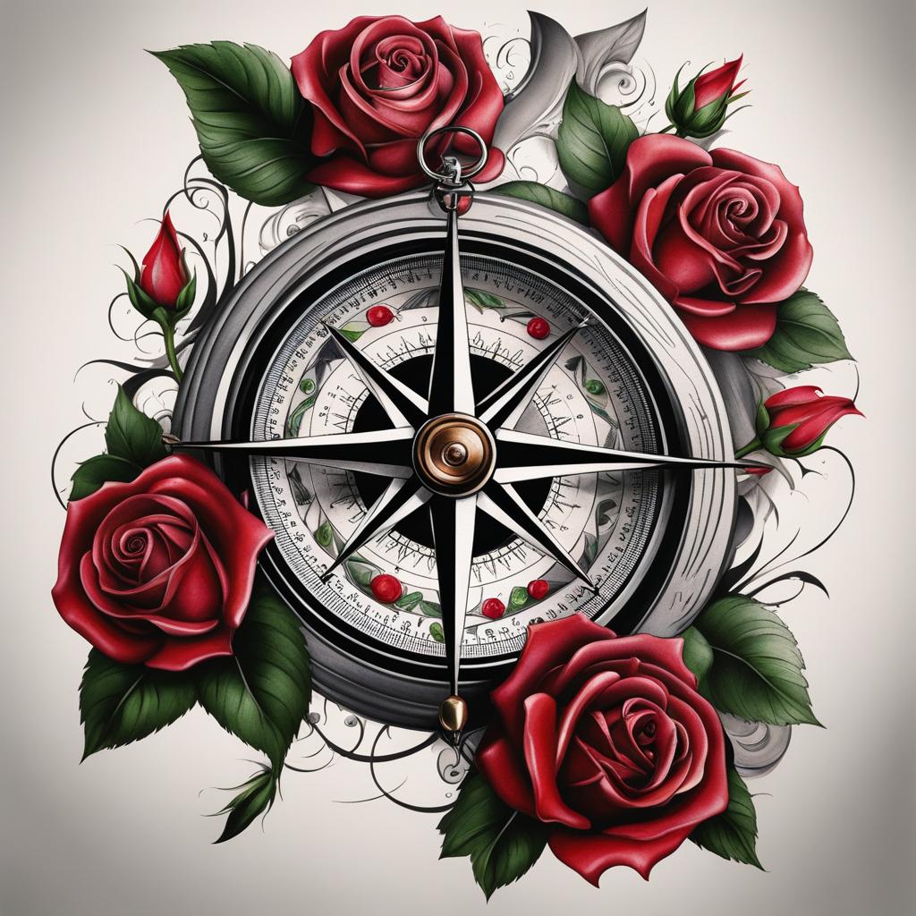 Compass and rose tattoo, Tattoos featuring a combination of a compass design and roses.  color, tattoo patterns, white clean background