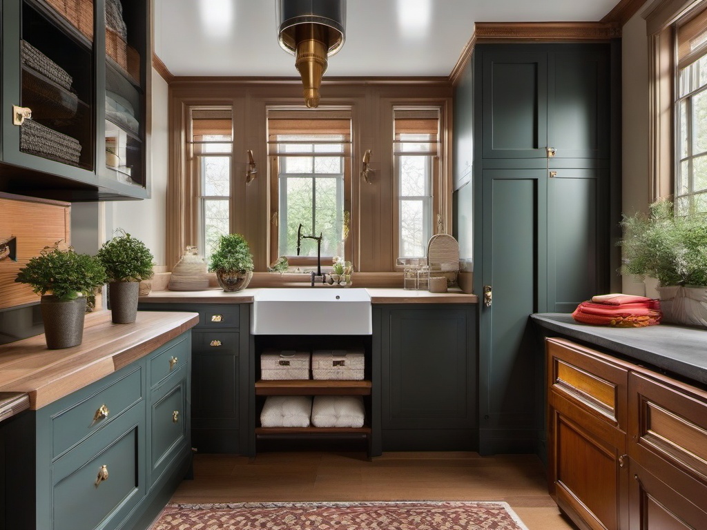 A utility room designed with Russian Revival interior design includes stylish storage solutions, ornate decor, and an organized layout that makes chores feel manageable and appealing.  