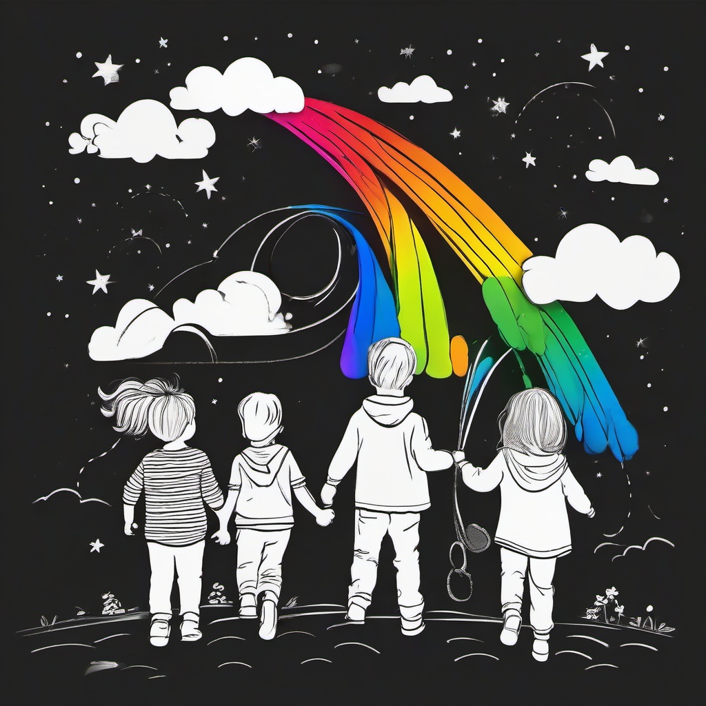 drawing of a rainbow with kids  minimal rough sketch scribbles,doodles,black and white