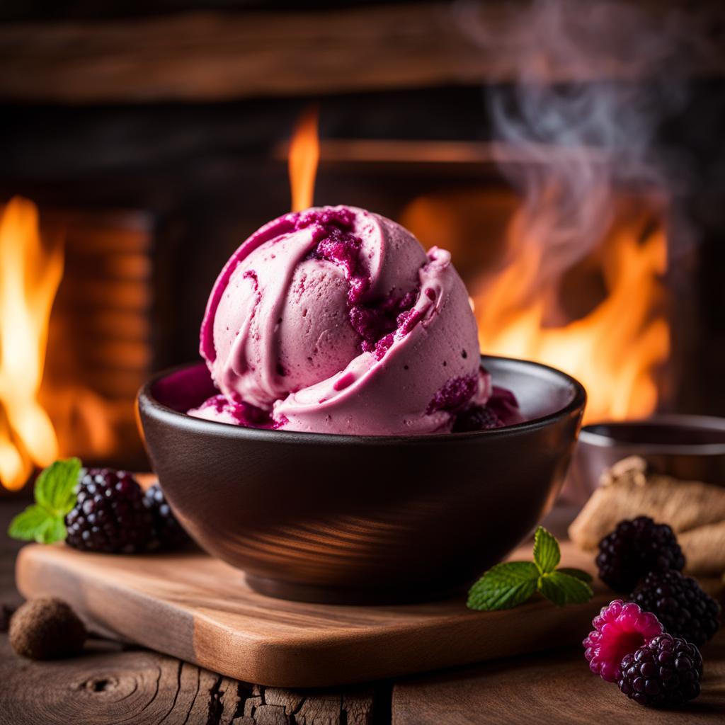 black raspberry swirl ice cream savored by a roaring fireplace in a rustic cabin. 