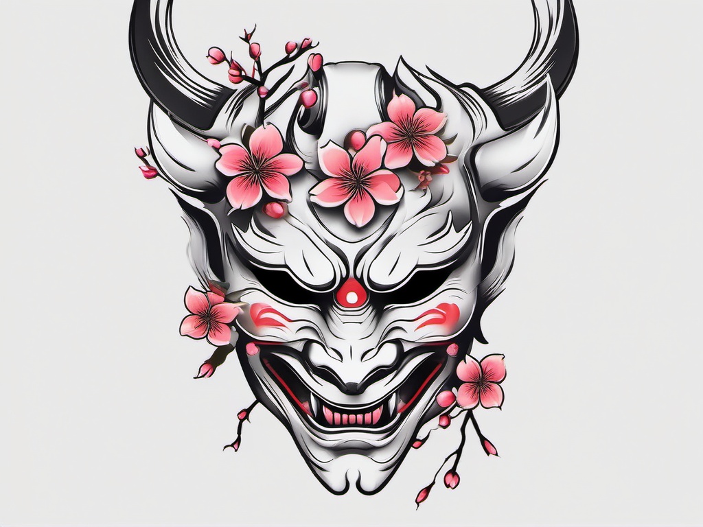 Oni Mask with Cherry Blossom Tattoo - Tattoo blending the iconic Oni mask with the delicate beauty of cherry blossoms.  simple color tattoo,white background,minimal