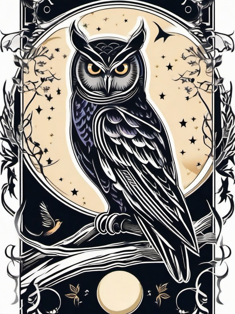 Owl Moon Tattoo - Symbolize nocturnal beauty with an owl and moon-themed tattoo.  simple color tattoo,vector style,white background