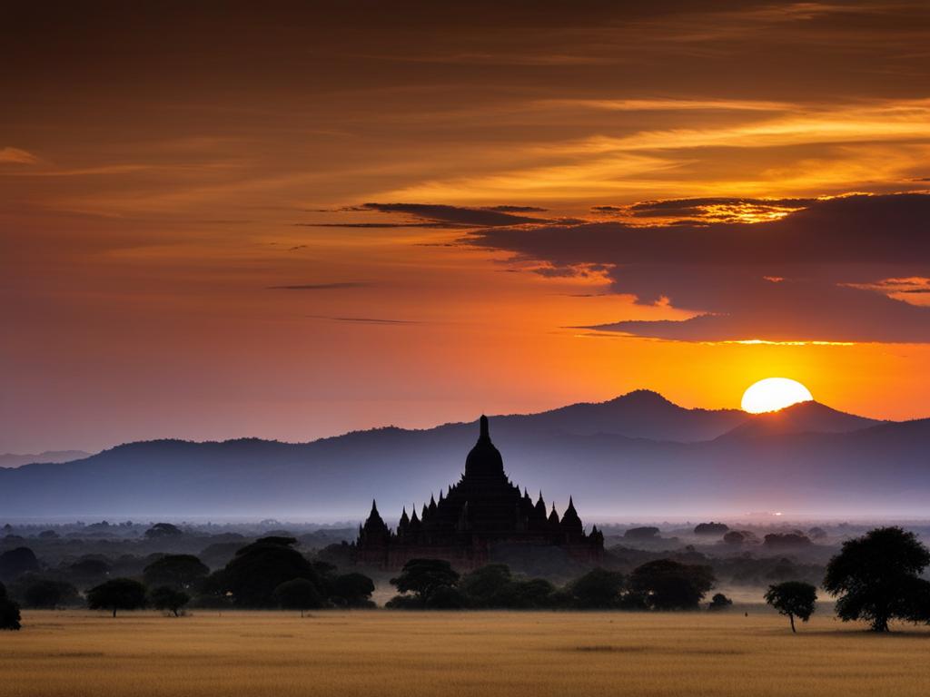 bagan temples at sunset - illuminate the bagan temples in myanmar, silhouetted against a stunning sunset. 