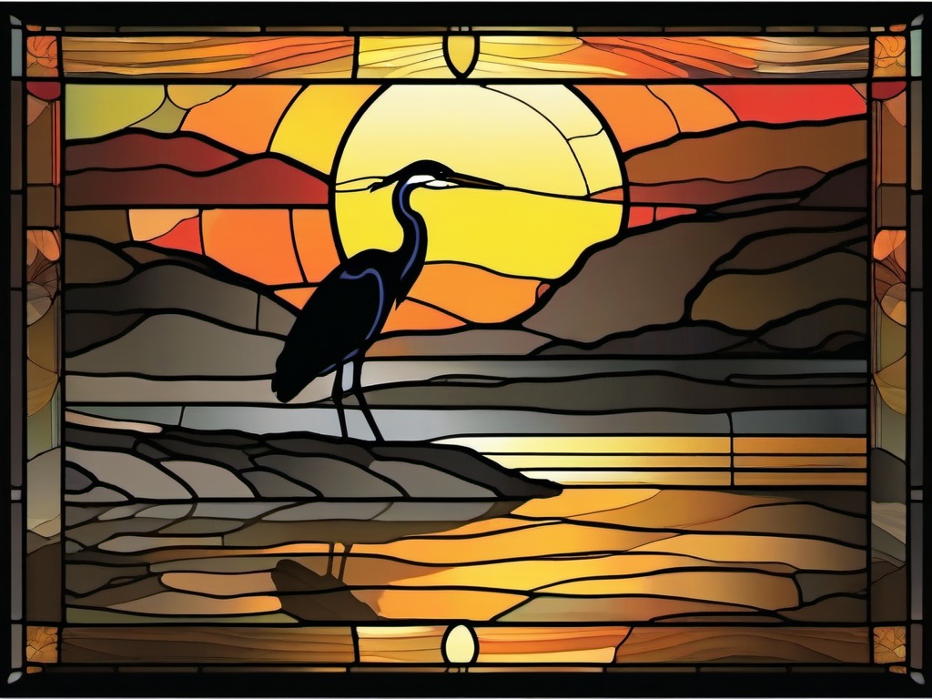 Stained Glass Heron - Heron by lake at sunrise  