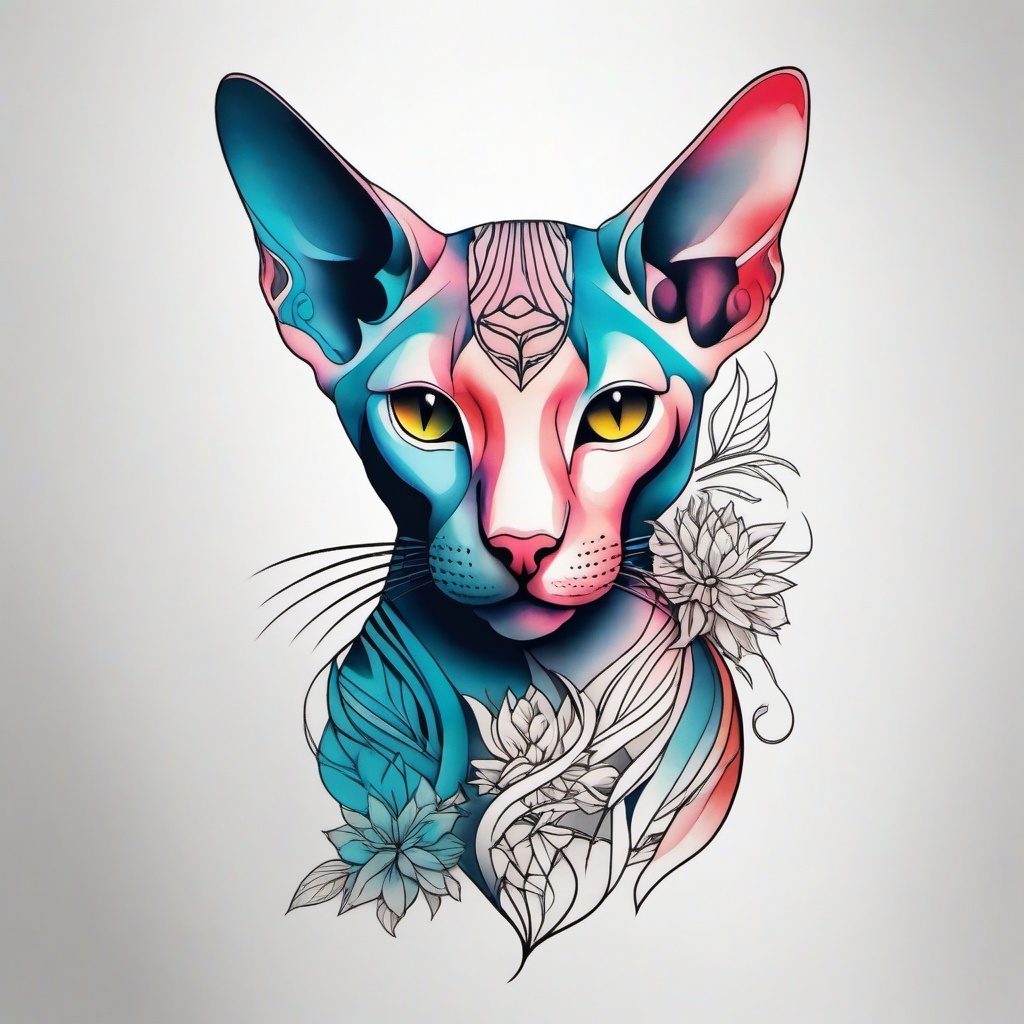 cat sphynx tattoo  minimal color tattoo, white background