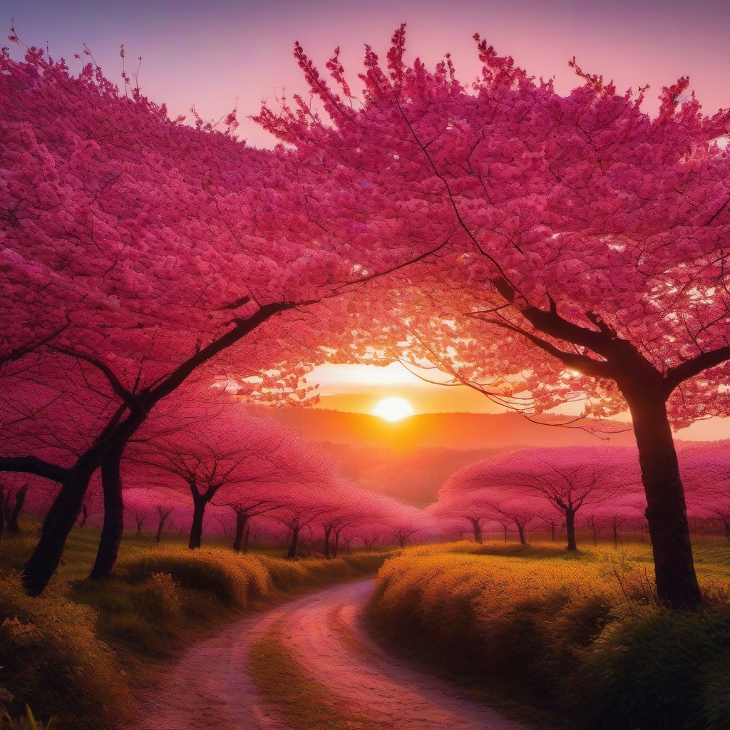  pink blossom trees with sunset
 