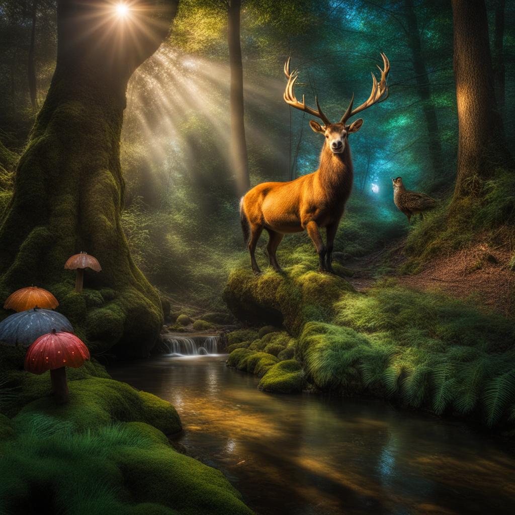 Enchanted forest with mythical creatures and HDR magical lighting