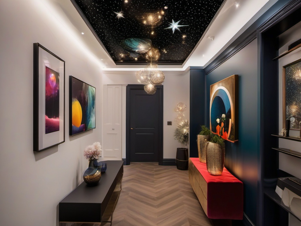 The hallway showcases cosmic chic interior design through starry wallpaper, modern lighting fixtures, and vibrant artwork, creating a whimsical and inviting passage.  