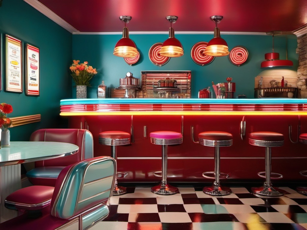 Retro Diner Revival - Transform your living room into a retro diner-inspired space. , living room decor ideas, multicoloured, photo realistic, hyper detail, high resolution,