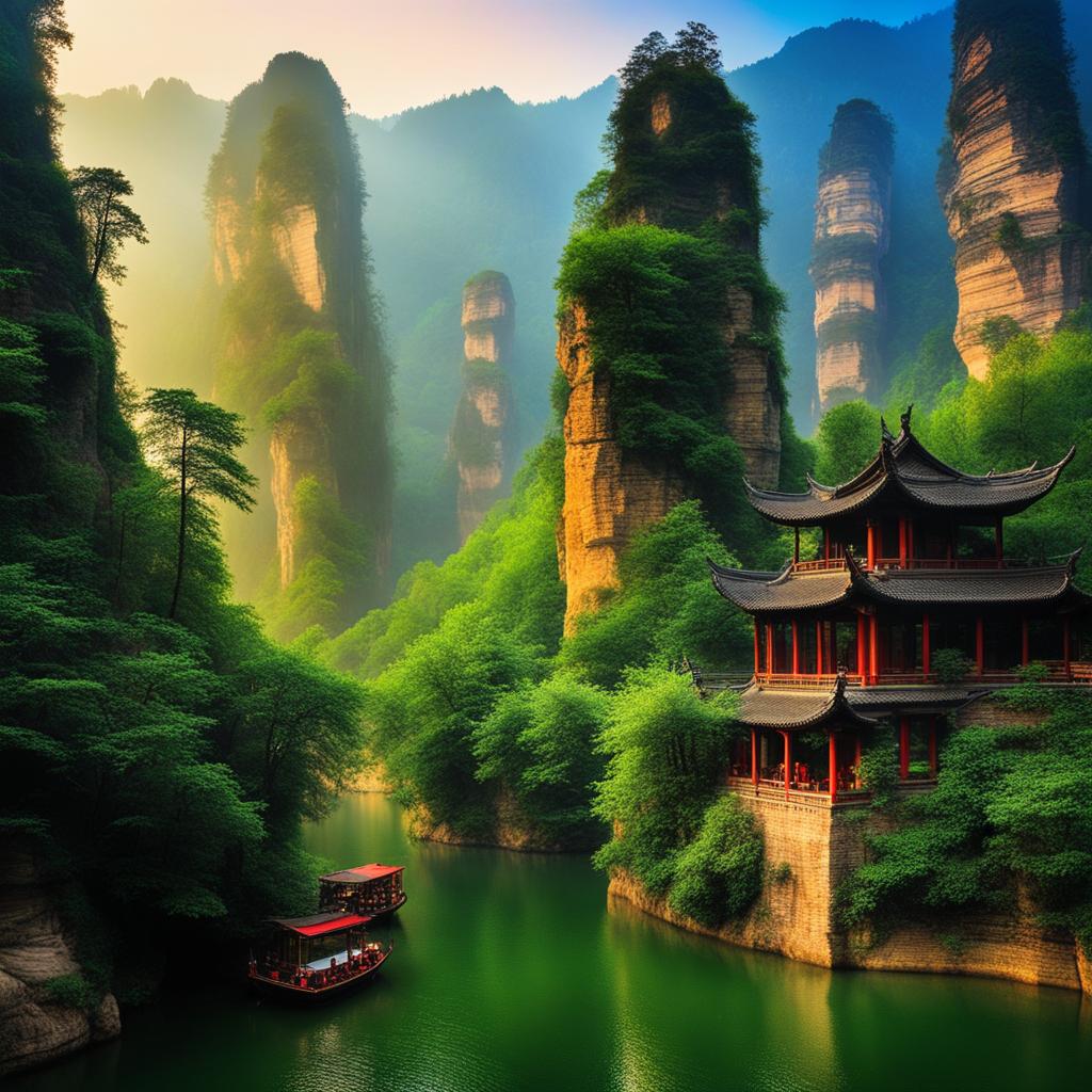 wulingyuan scenic area, china - craft a dreamscape featuring thousands of sandstone pillars and lush greenery. 