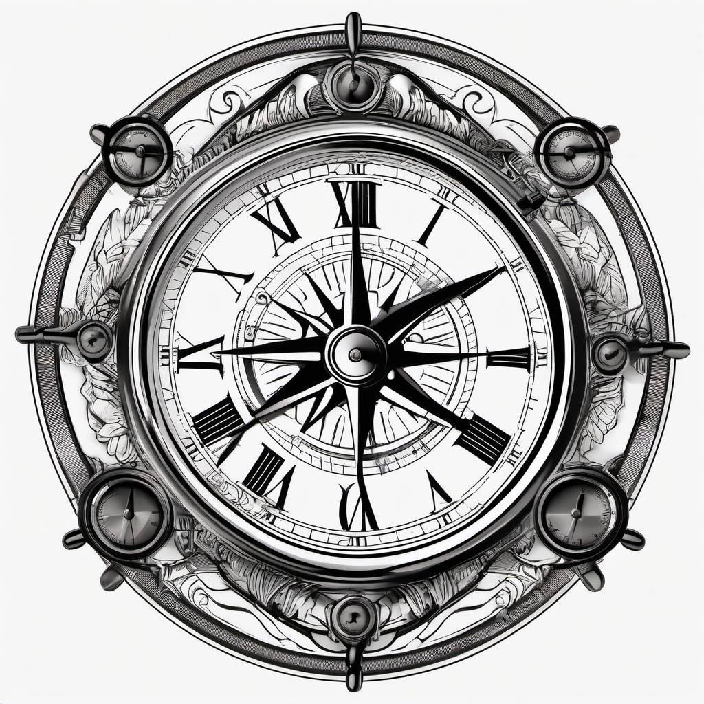 Chronometer tattoo: Nautical precision and reliability in timekeeping.  black white tattoo, white background