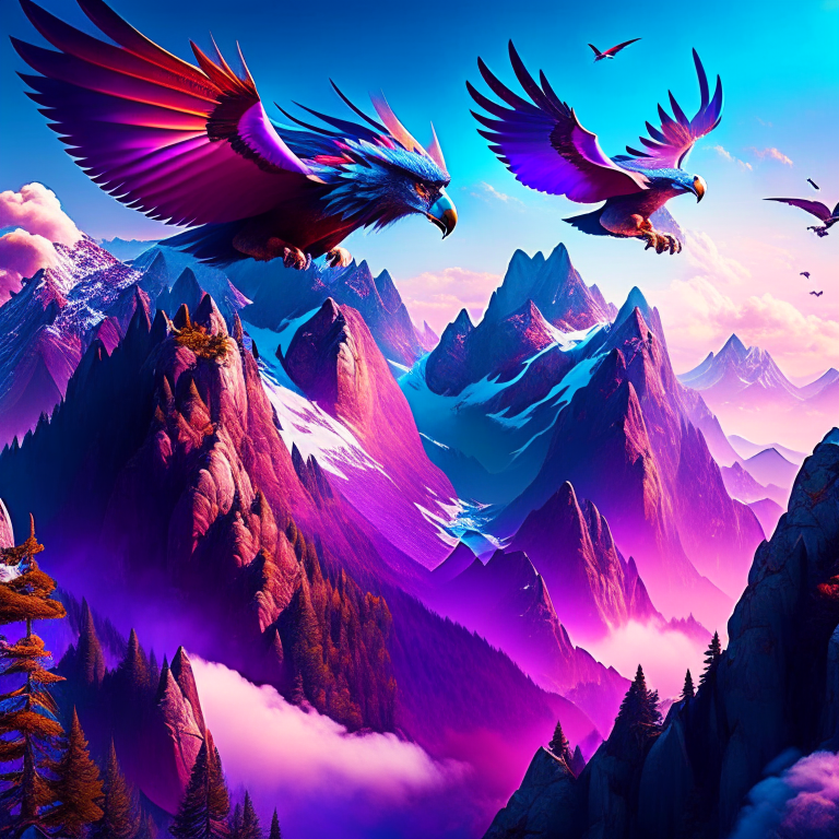 griffins soaring majestically above a mountain peak in a vibrant, fantasy world. 