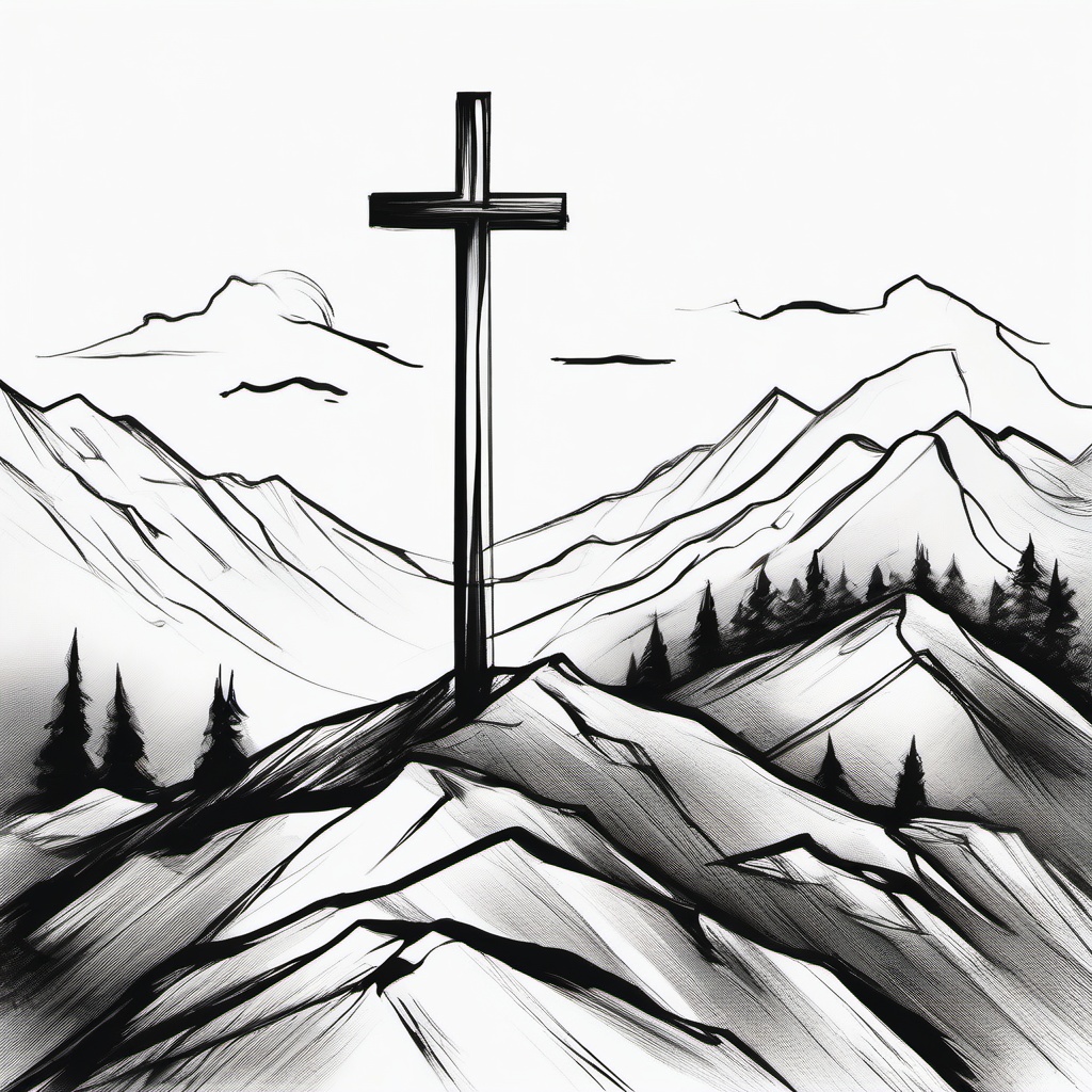 drawing of a cross on a mountain  minimal rough sketch scribbles,doodles,black and white