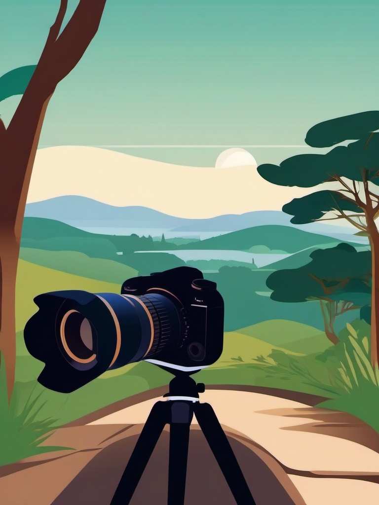 Camera Lens Focused on a Picturesque Landscape Clipart - A camera lens meticulously focused on a picturesque natural landscape.  color clipart, minimalist, vector art, 