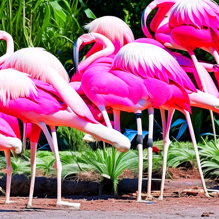 flamingos trying to organize a 'leg-stretching relay,' bending their spindly legs comically. 