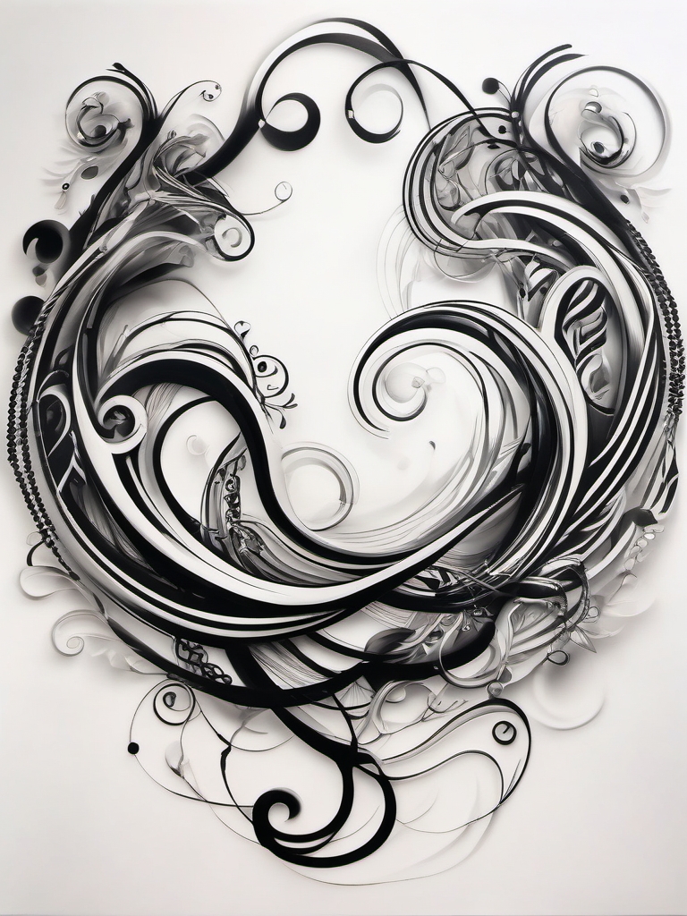 Abstract chain swirls tattoo: Whimsical dance showcasing the strength of links.  black white tattoo, white background