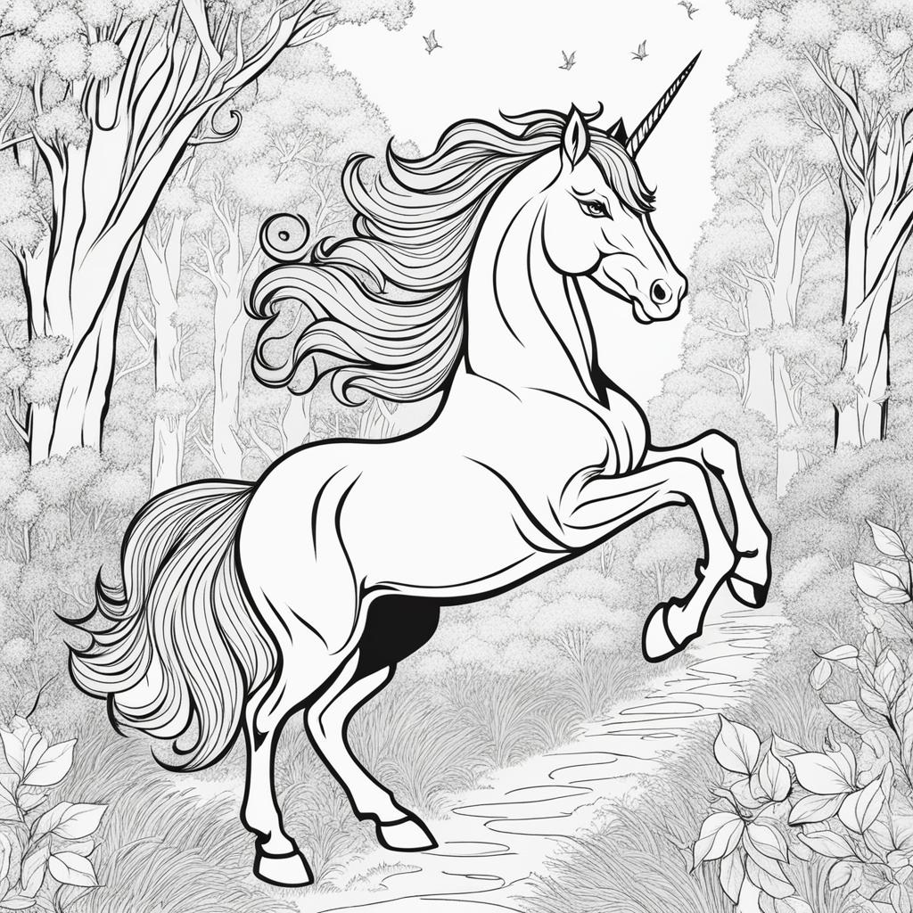 unicorn coloring pages - mischievous unicorn prancing through an enchanted forest, leaving a trail of sparkling hoofprints. 