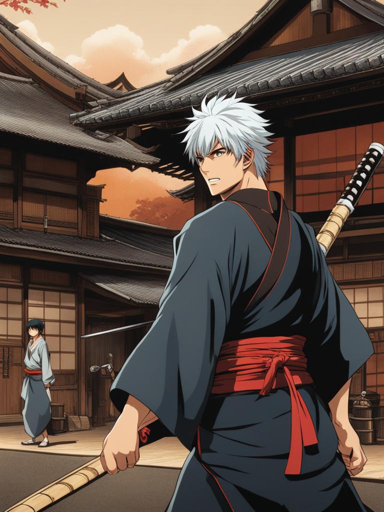 gintoki - wields a bamboo sword in a bustling, comical edo-era town. 