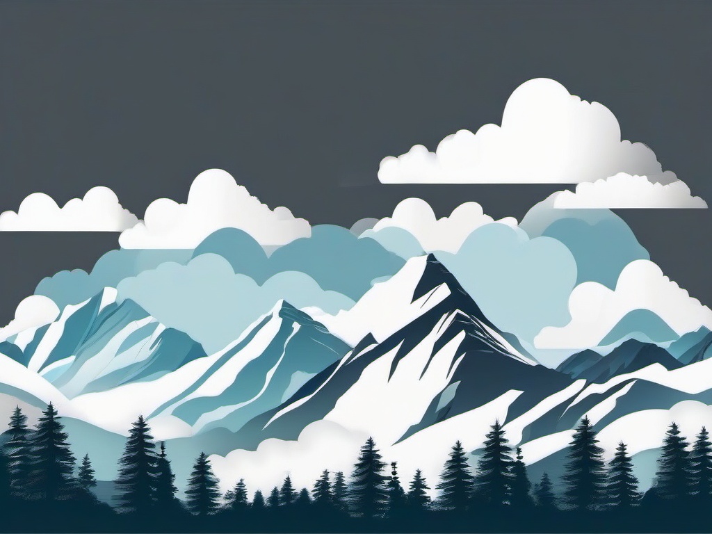 White fluffy clouds over mountains clipart.  vector style illustration, white background