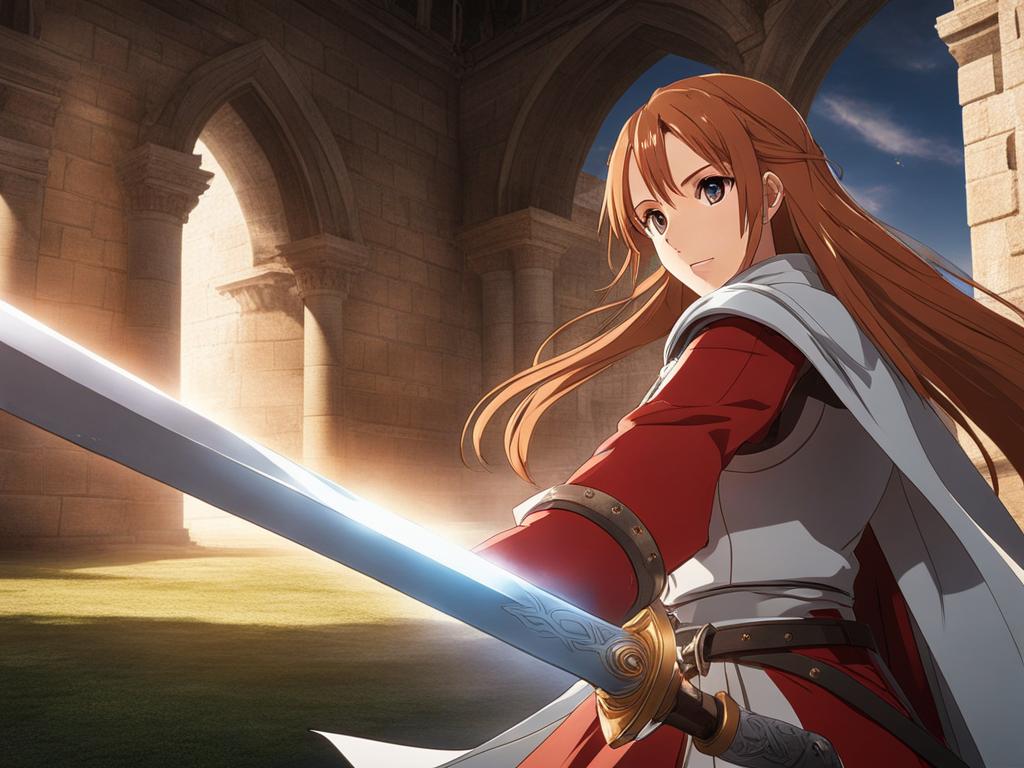 asuna duels with her rapier in epic sword battles in a medieval castle courtyard. 