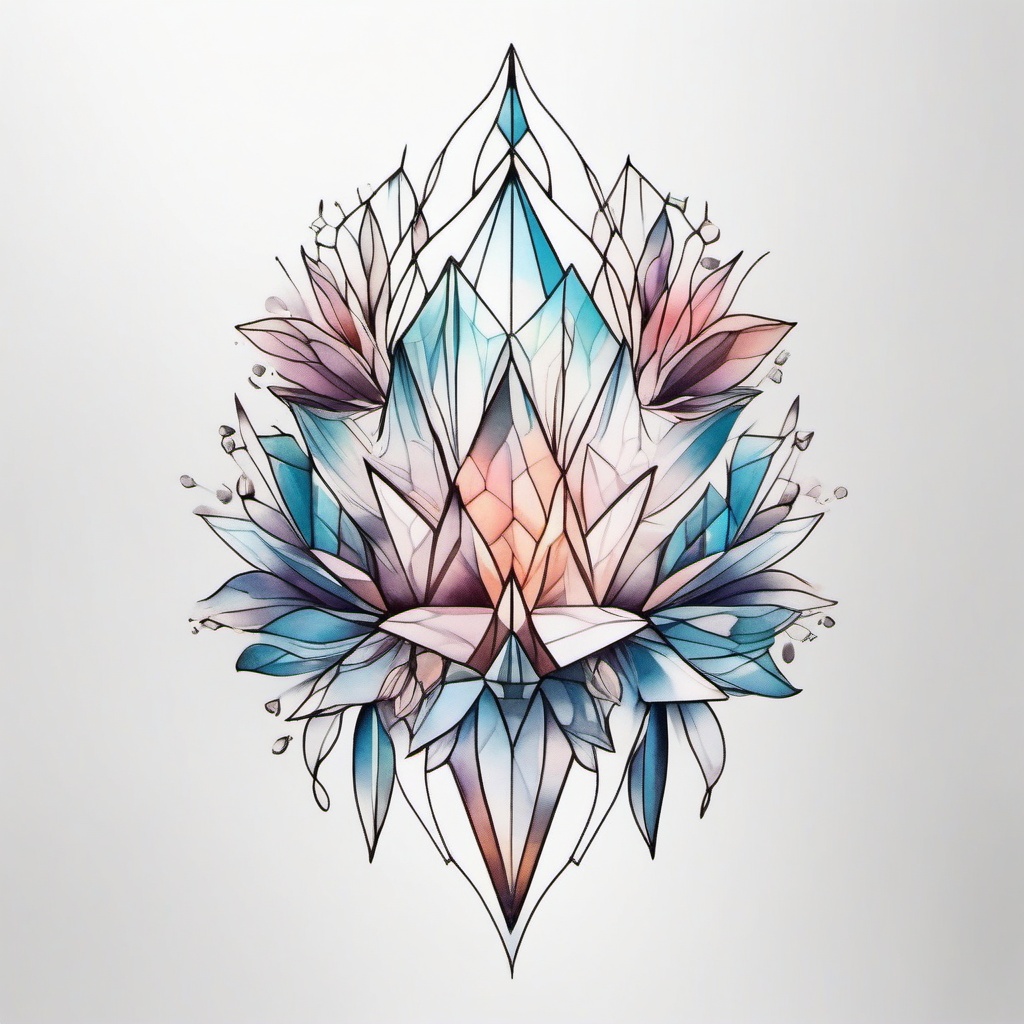 Crystal Tattoo-Crystal cluster tattoo with delicate and intricate details. Colored tattoo designs, minimalist, white background.  color tattoo style, minimalist, white background