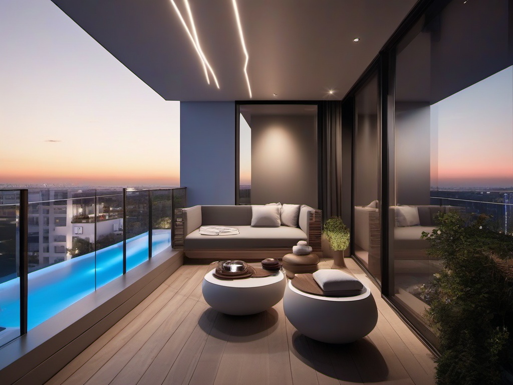 The balcony showcases High Tech interior design with modern outdoor furniture, smart lighting, and a minimalist aesthetic that create an inviting space for relaxation and gatherings.  