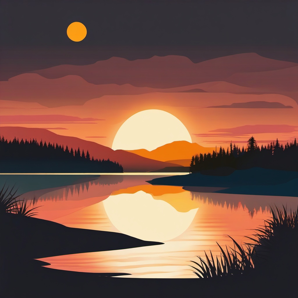 Sunrise at the Lake clipart - The first light of day breaking over a tranquil lake., ,vector color clipart,minimal