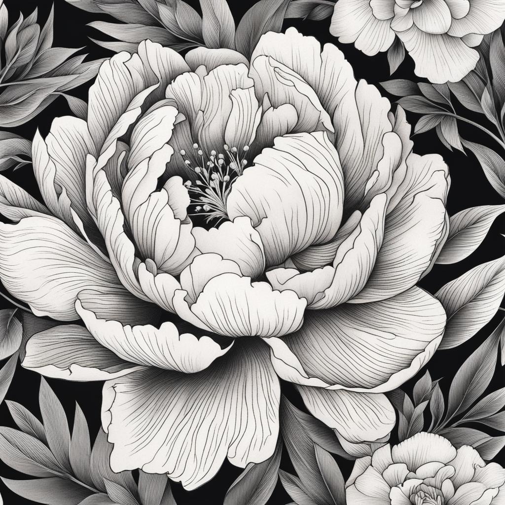 peony tattoo black and white design 