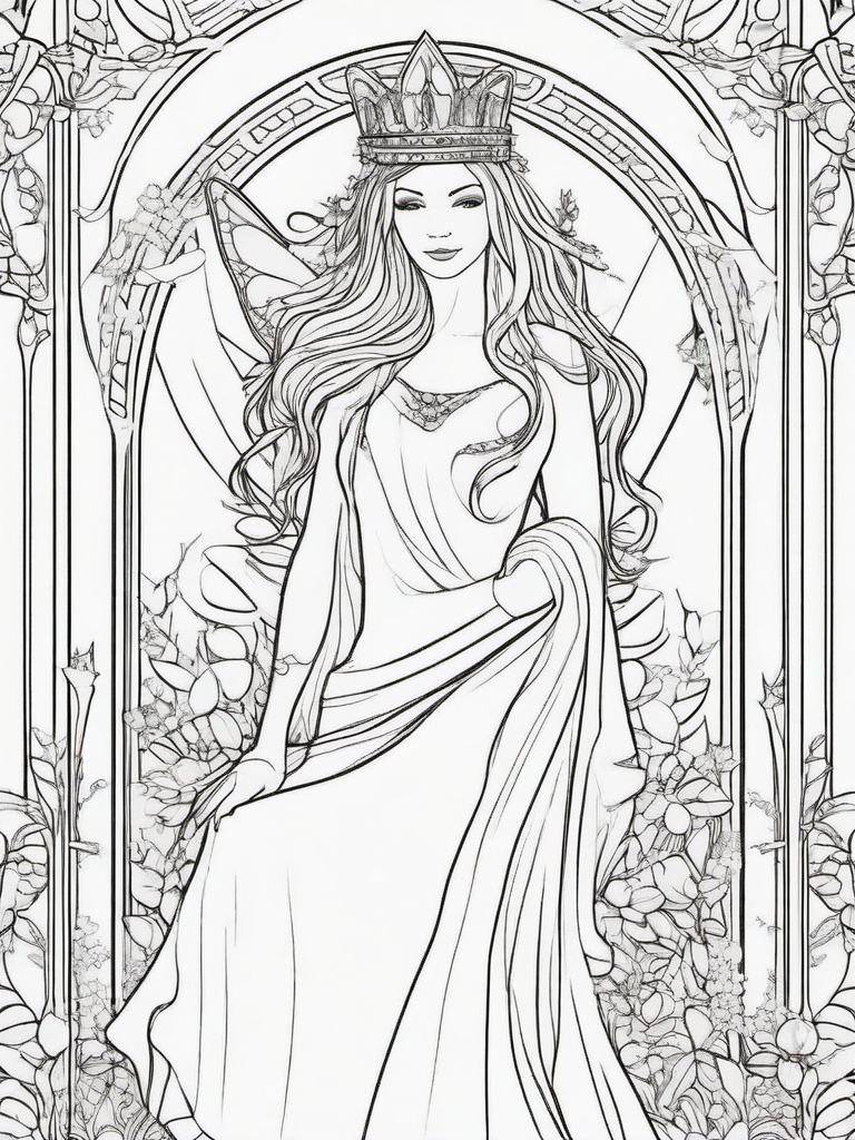 Fairy Queen Coloring Pages - Majestic Fairy Queen with a Golden Crown  minimal black outline printable sheet, coloring page