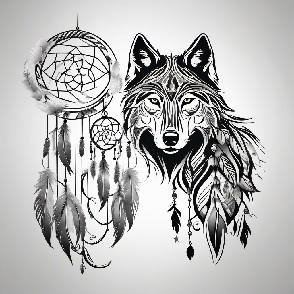 Dream Catcher and Wolf Tattoo - Tattoo combining a dream catcher with wolf elements.  simple vector tattoo,minimalist,white background