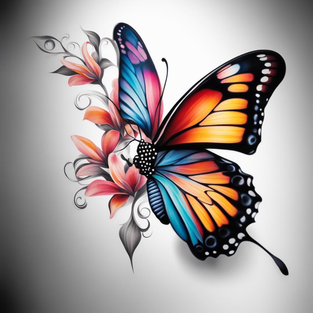 Half butterfly tattoo, Unique tattoos featuring only half of a butterfly.  viviid colors, white background, tattoo design