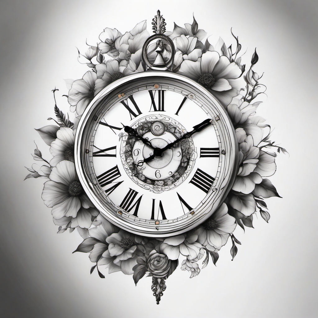 Floral clock ink: Nature intertwined with time, blooming with every passing hour.  black white tattoo, white background