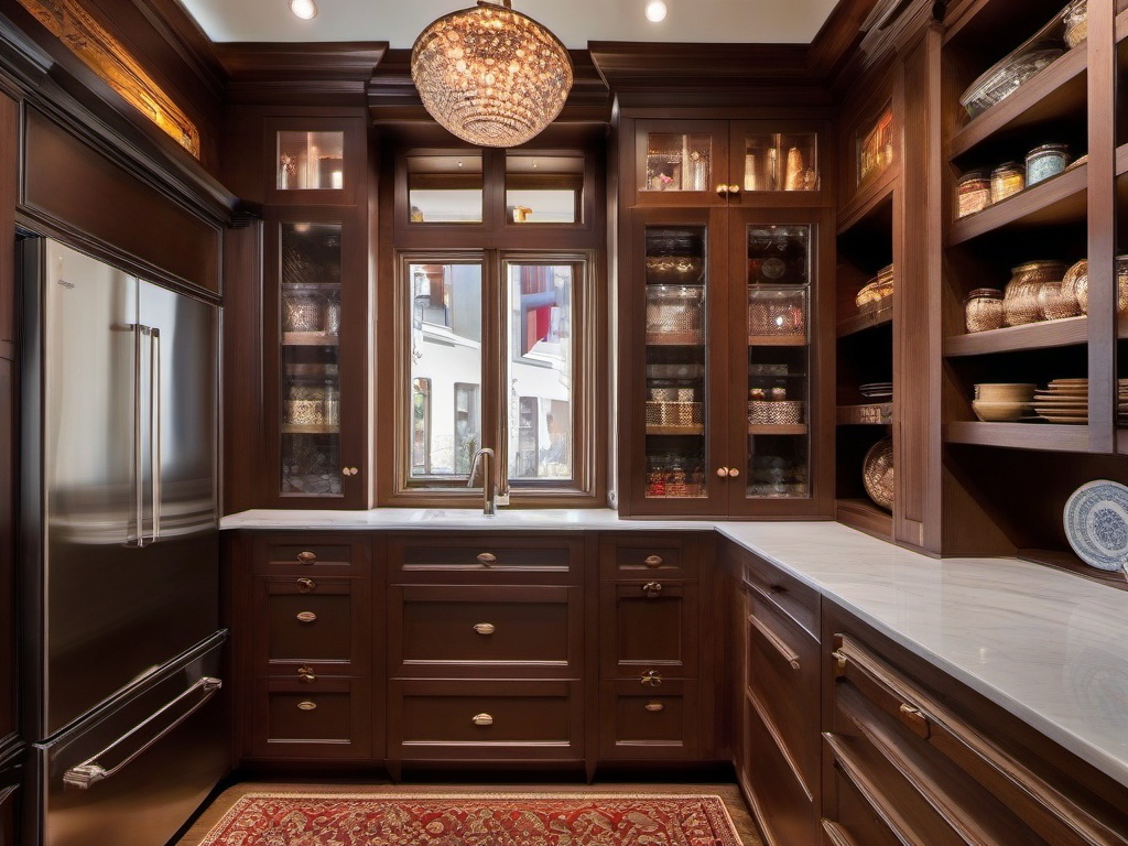 The pantry showcases Russian Revival interior design with elegant cabinetry, tasteful organization, and cultural accents that make food storage both practical and visually appealing.  