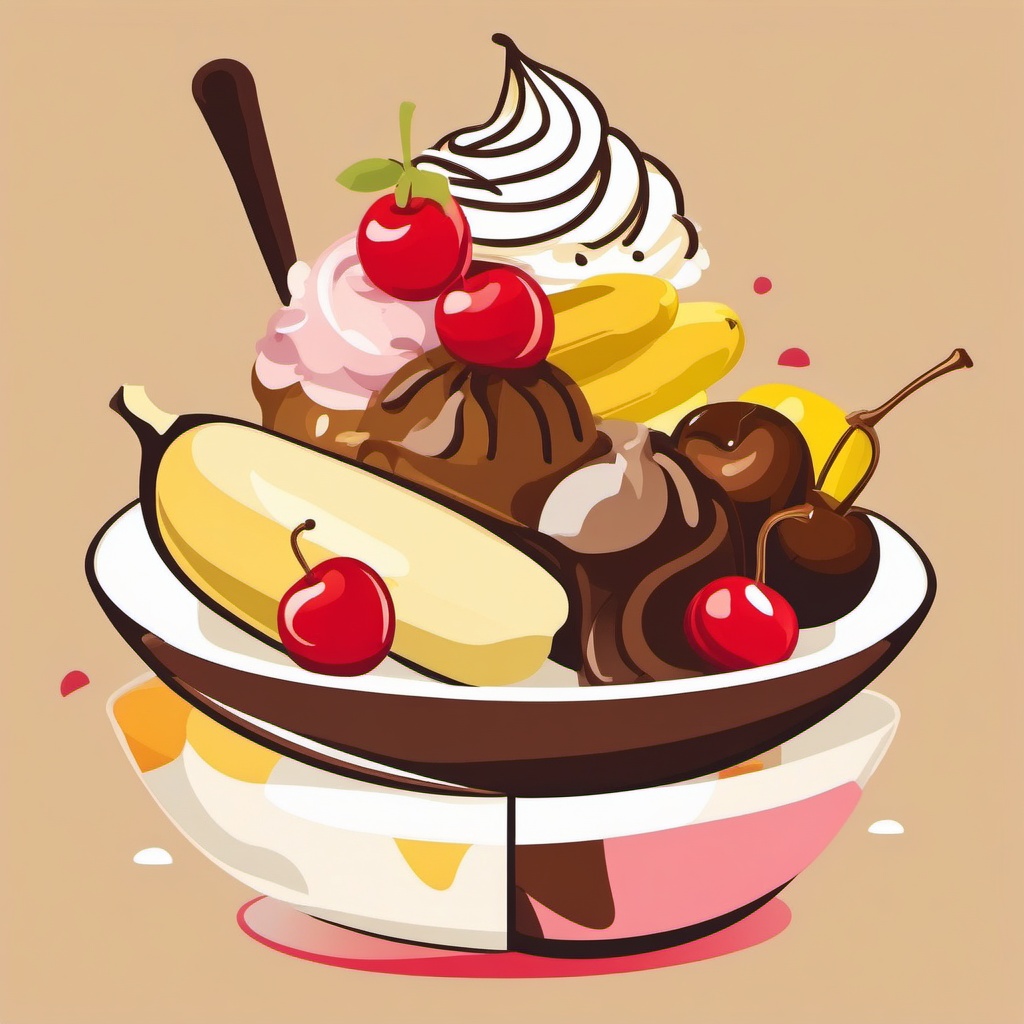 Banana Split Clipart - A banana split dessert with ice cream and toppings.  color vector clipart, minimal style