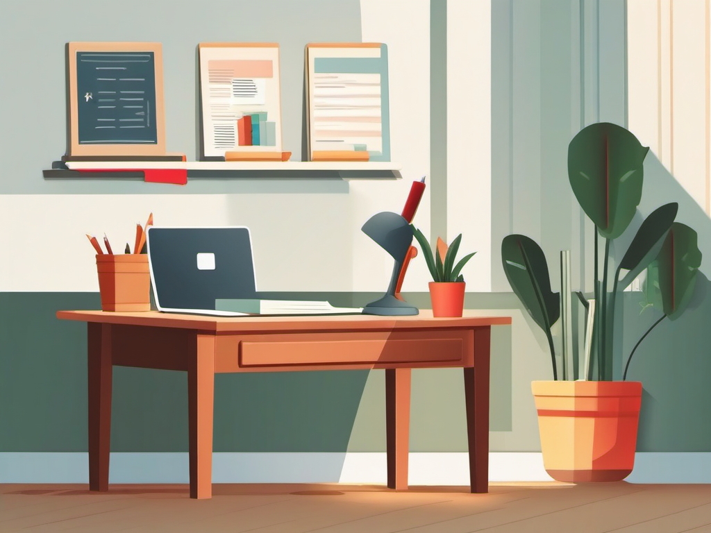 Illustration featuring a teacher's workspace with a table and teaching materials.  color vector art,clipart,minimal