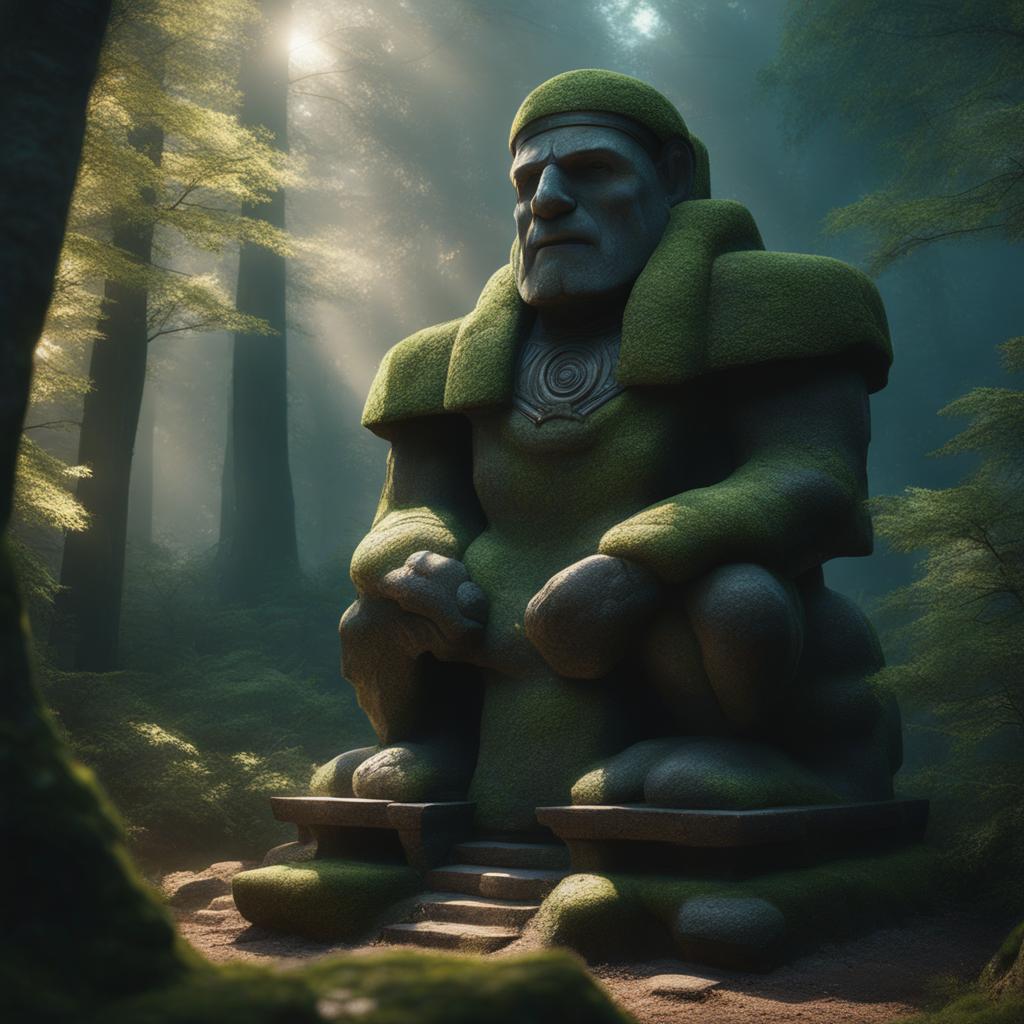 ancient stone golem guarding a hidden treasure deep within a mystical forest 8k, hyper realistic, cinematic 