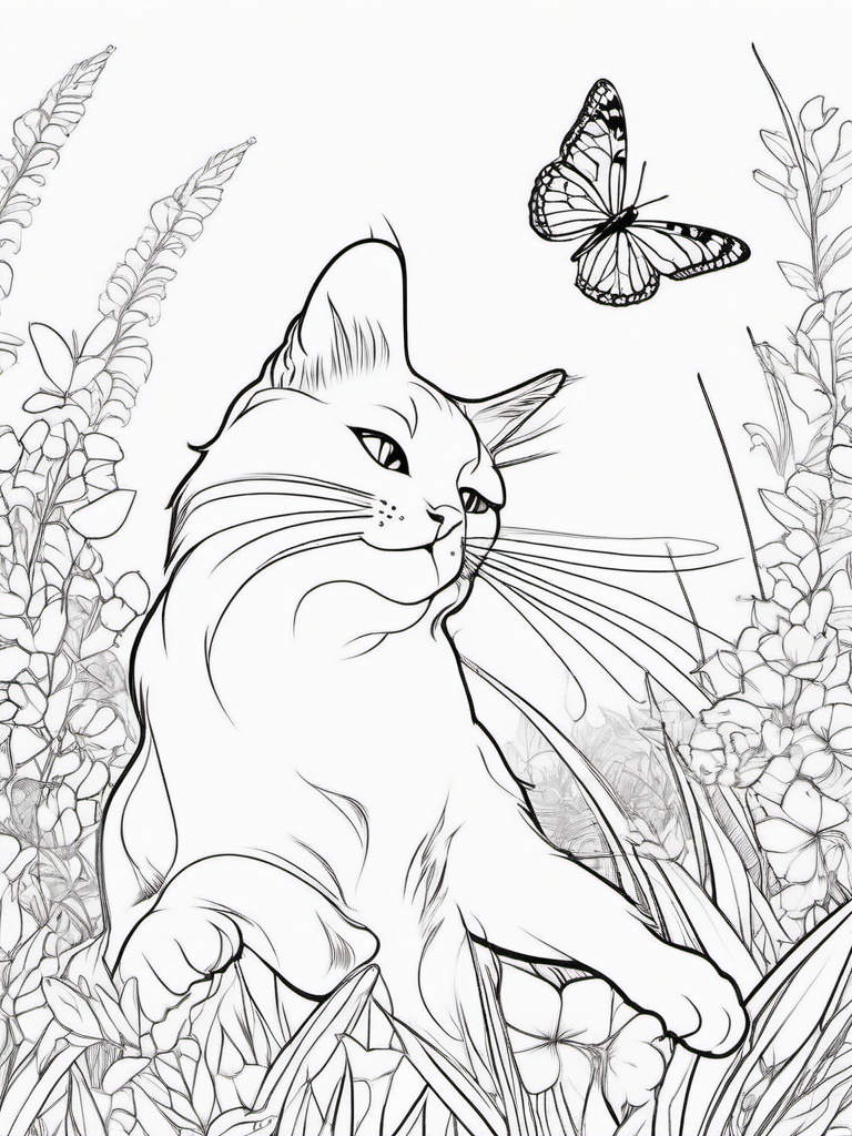 Cat and Butterfly Coloring Pages - Playful Cat Chasing a Fluttering Butterfly  minimal black outline printable sheet, coloring page