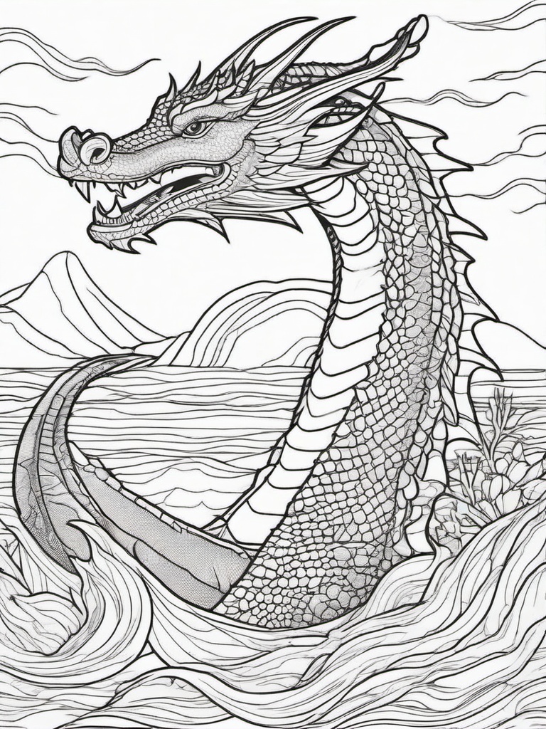 Underwater Dragon Coloring Pages - Mystical Dragon Swimming in the Ocean  minimal black outline printable sheet, coloring page