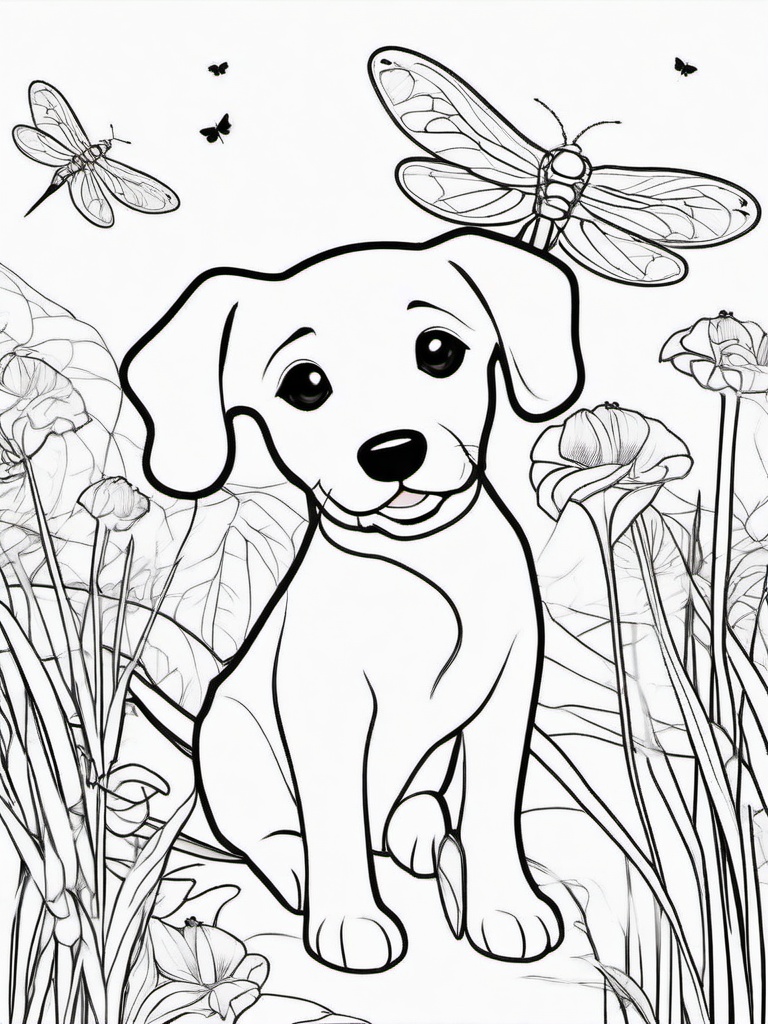 Puppy and Dragonfly Coloring Pages - Curious Puppy Watching Dragonflies  minimal black outline printable sheet, coloring page