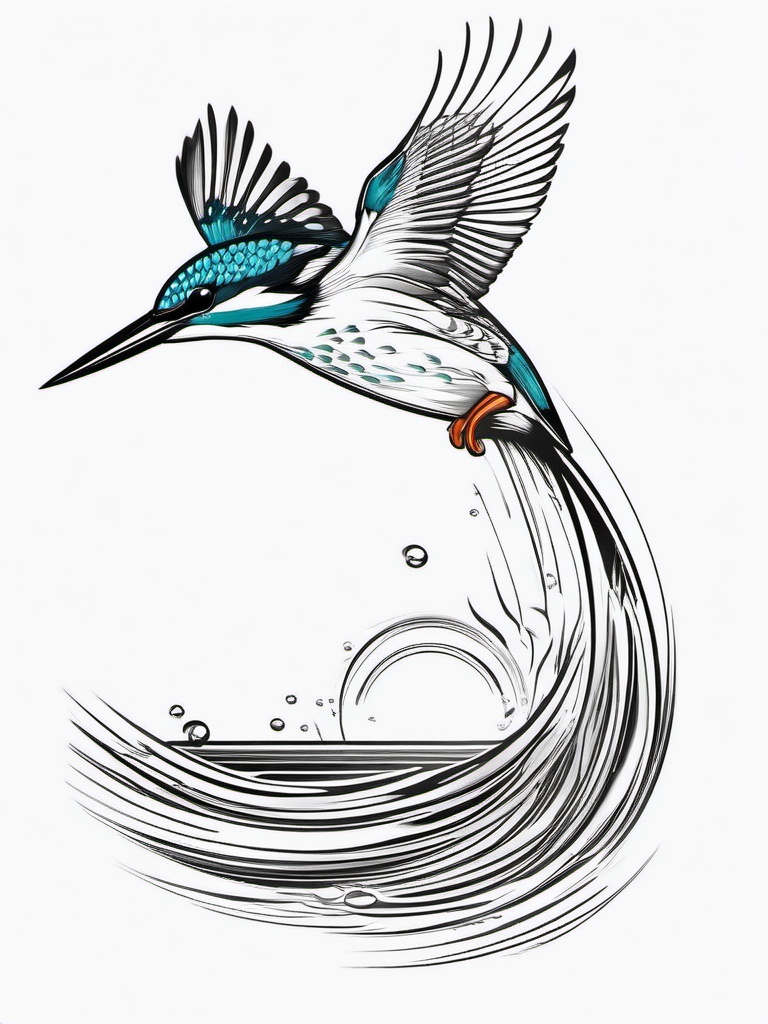 Kingfisher Tattoo - Kingfisher diving into the water to catch a fish  few color tattoo design, simple line art, design clean white background