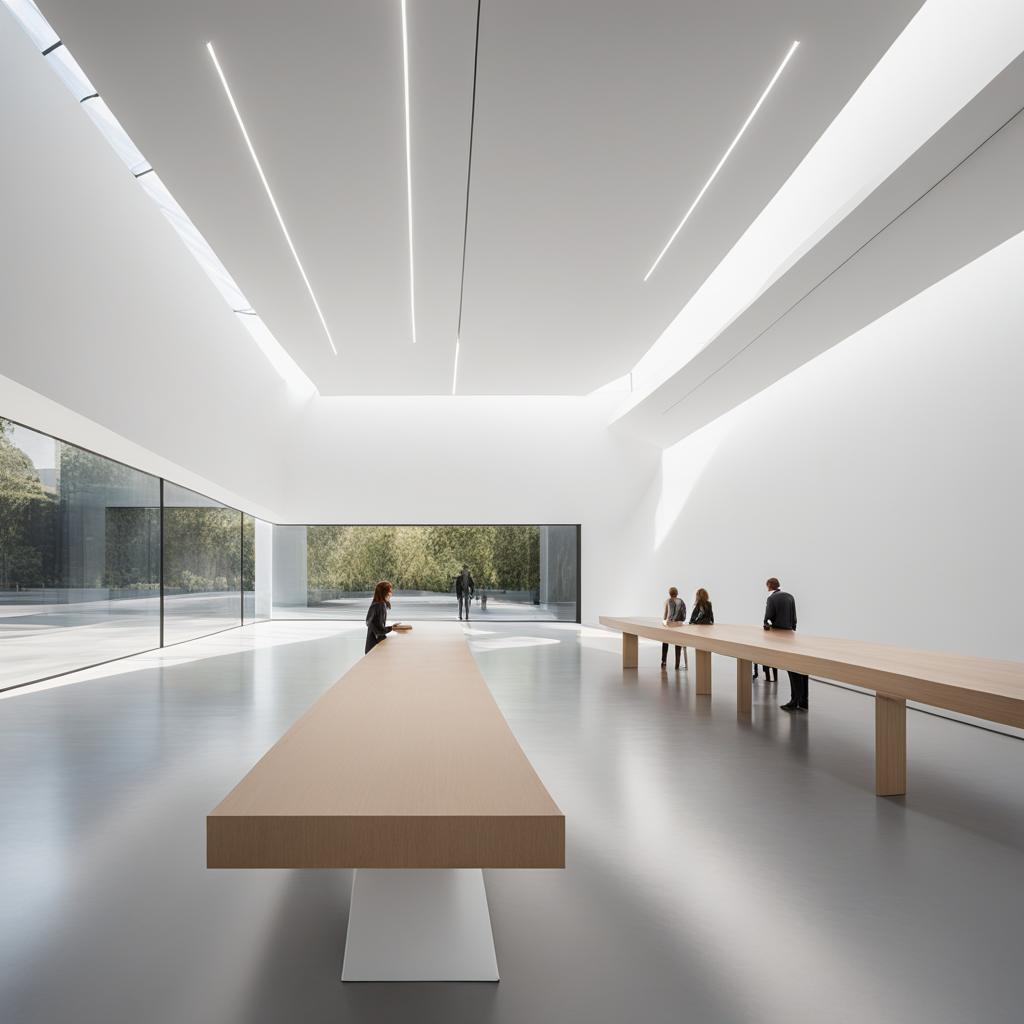 explore the minimalist design of a contemporary art museum, with clean lines and large, open spaces. 