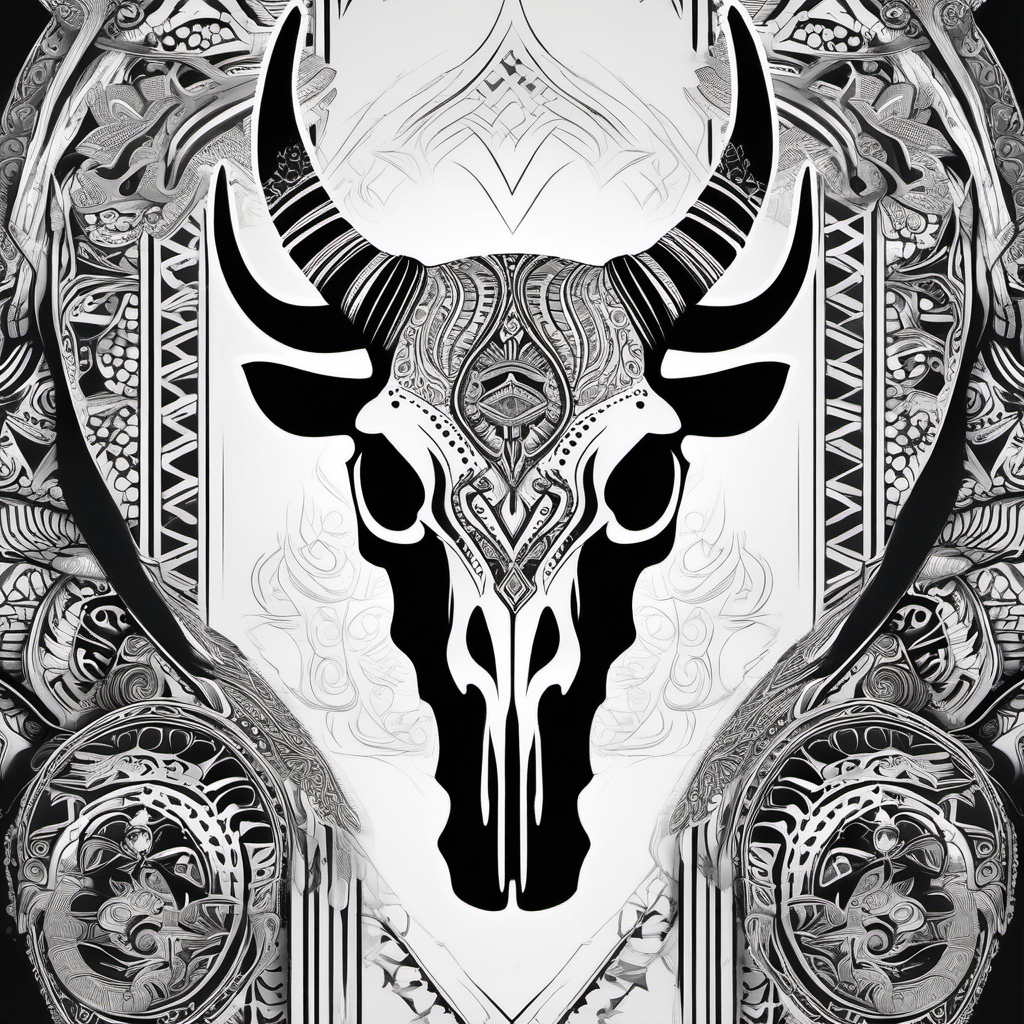 Longhorn skull with tribal details tattoo: Cultural fusion, intricate storytelling.  black and white tattoo style