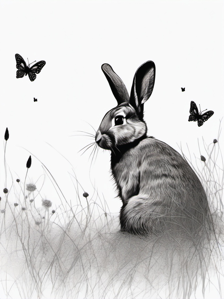 drawing of a bunny and a butterfly  minimal rough sketch scribbles,doodles,black and white