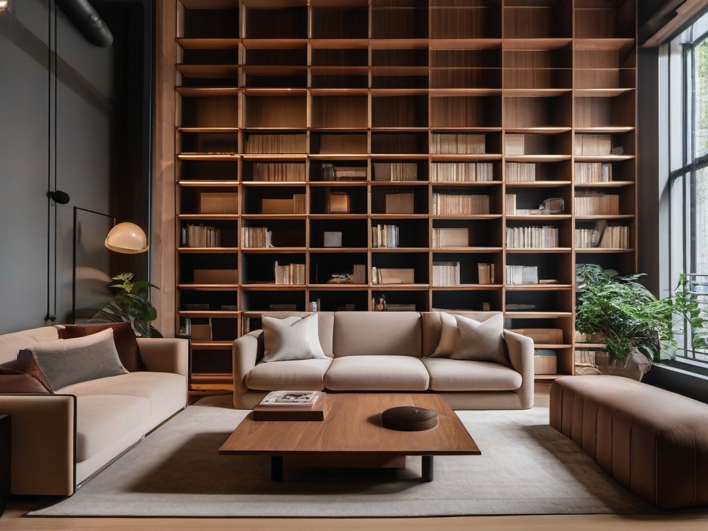 In the library room, Japandi interior design incorporates wooden bookshelves, comfortable seating, and a tranquil atmosphere that encourages reading and relaxation.  