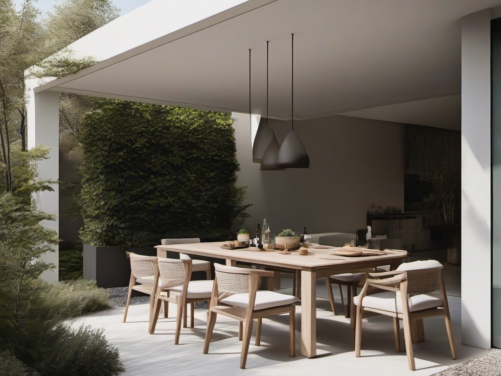 Minimalist patio includes a simple dining table, streamlined chairs, and a neutral color palette, providing an uncluttered and serene environment for outdoor gatherings.  