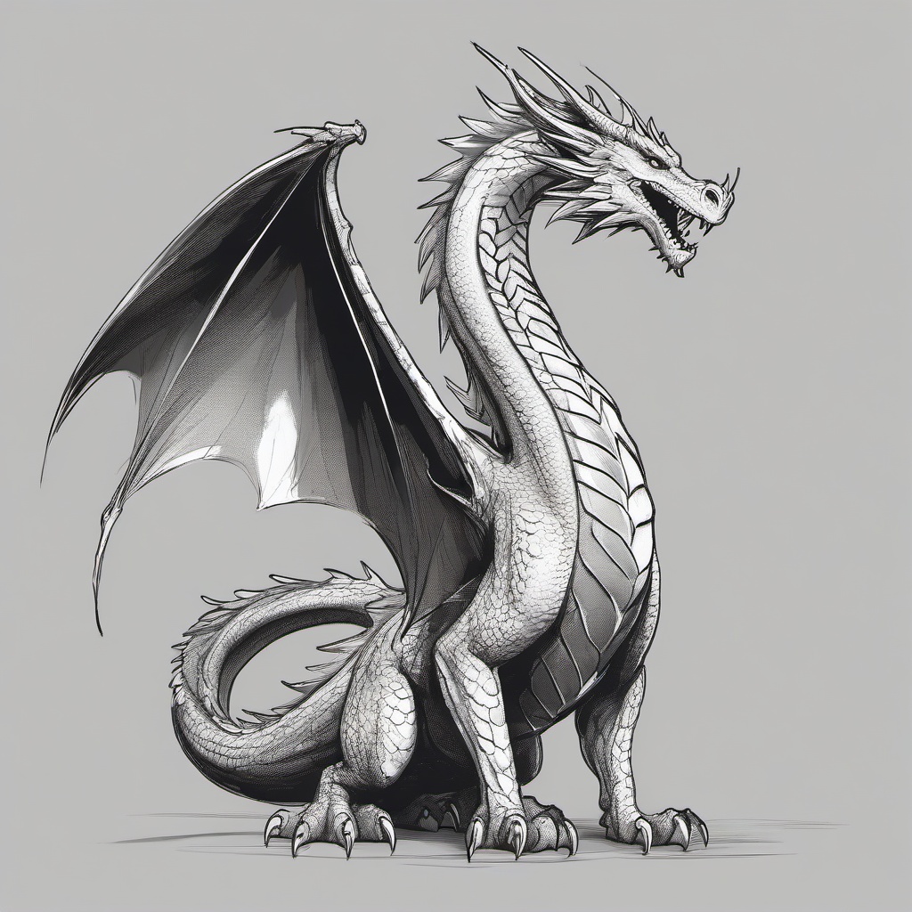 drawing of a full-body dragon standing proud  minimal rough sketch scribbles,doodles,black and white