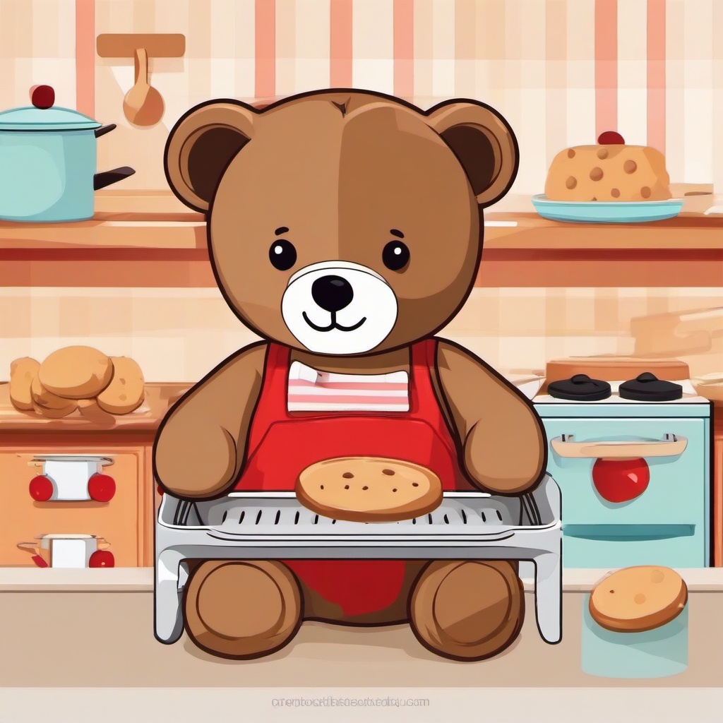 Teddy Bear clipart - teddy bear baking cookies in a toy kitchen  color,minimalist,vector clipart