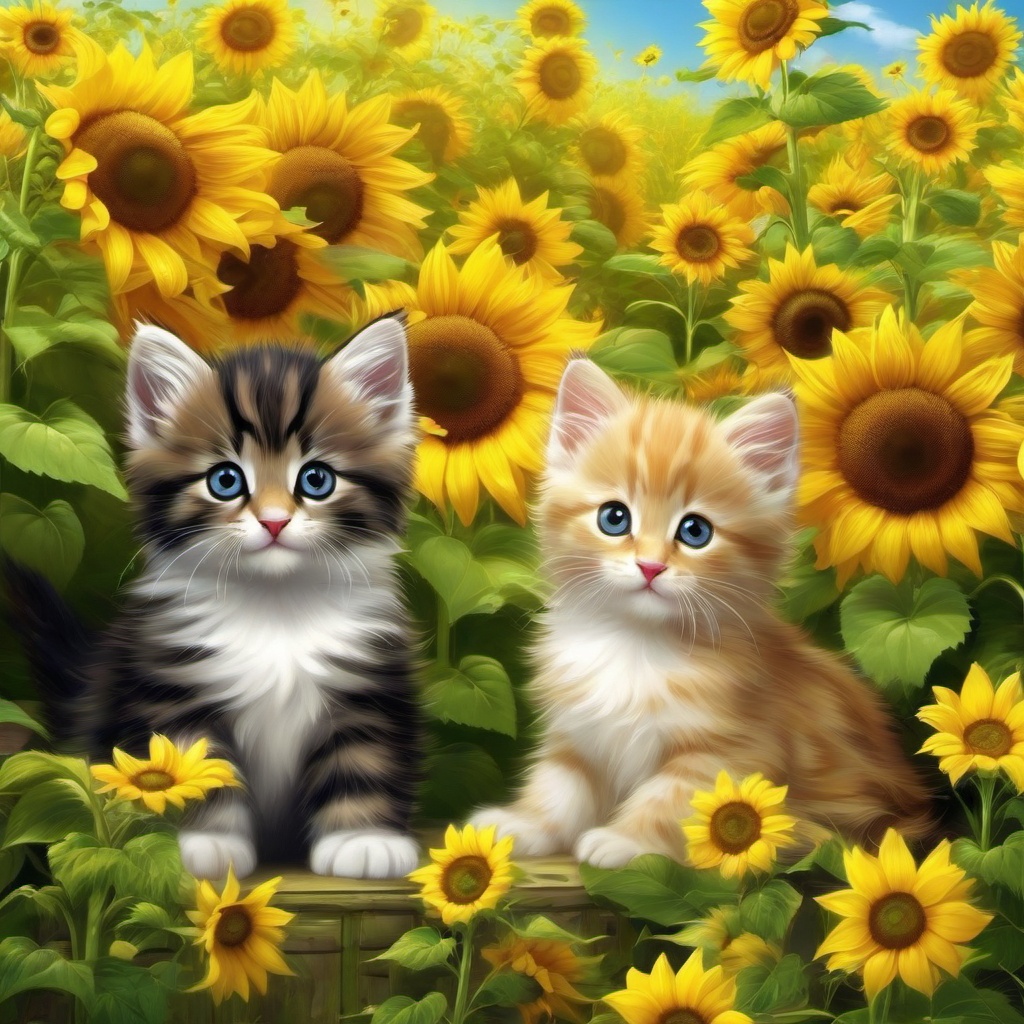 Cute Wallpapers for Computer - Playful Kittens at a Sunflower Meadow  wallpaper style, intricate details, patterns, splash art, light colors